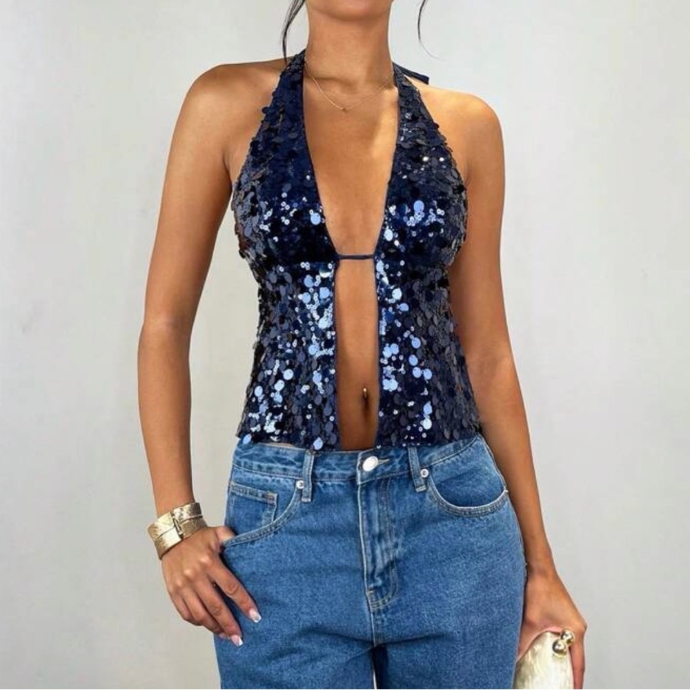 SHEIN Navy Sequin Halter Crop Top